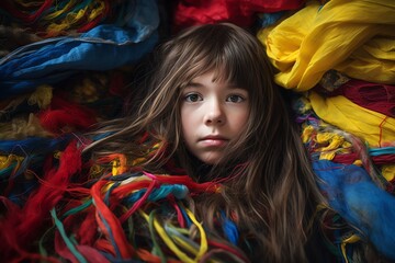 Little kind girl and old clothes for donation, recycling and upcycling clothing, ecology problem