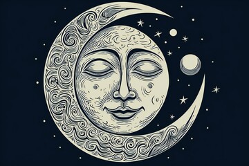 Stylized black and white illustration of a moon with a sleeping face and in a dark background with stars, generative AI