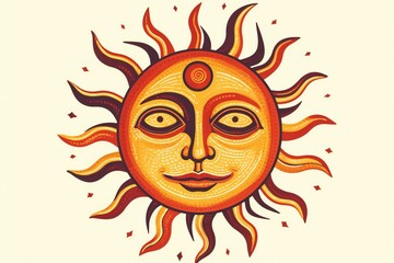  Stylized illustration of a orange sun with a face and sun beams in a yellow background, generative AI