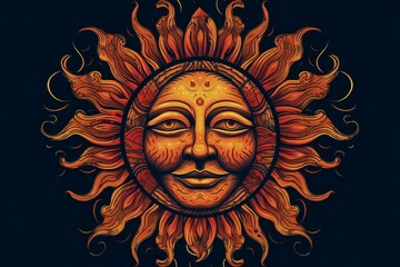  Stylized illustration of a orange sun with a face and sun beams in a black background, generative AI