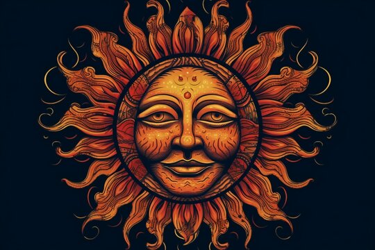  Stylized illustration of a orange sun with a face and sun beams in a black background, generative AI