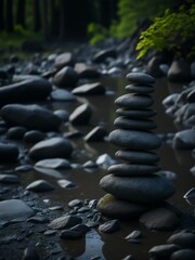 Balanced and stacked zen rocks by the water stream in nature, generative AI