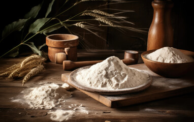 wheat flour on an old wooden table created with Generative AI technology