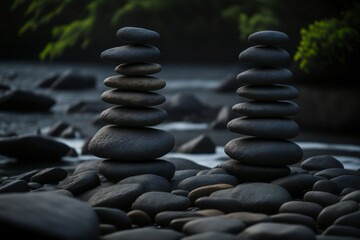 Balanced and stacked zen rocks by the water stream in nature, generative AI