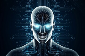 Technological human with circuit boards and glowing eyes in a blue background, generative AI