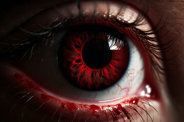 Closeup of a red bloody eye with veins, generative AI