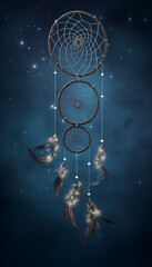 Dream catcher with feathers in a blue space background with stars, generative AI