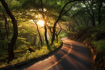 Obraz premium Beautiful landscape of a winding road in a forest. Generative AI