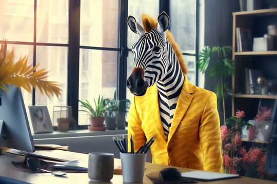 Portrait of zebra wearing yellow business suit, Businessman in the office, Generative AI 