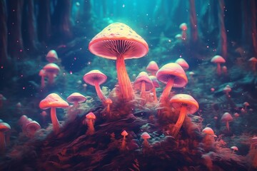 Fototapeta na wymiar Magic Mushrooms, Glowing mushrooms in the night forest, AI generated