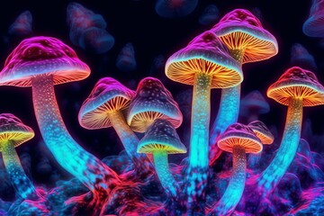 Fototapeta na wymiar Magic Mushrooms, Glowing mushrooms in the night forest, AI generated
