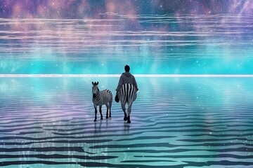 colorful dream of zebra in the sea, psychic cosmos waves. Generative AI