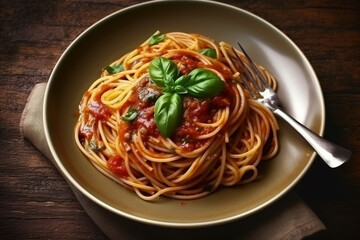 A plate of Spaghetti bolognese flat lay. Generative AI