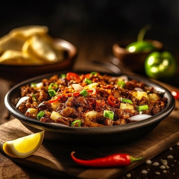 Close up of sisig dish, spicy fatty meat Filipino dish. Generative AI