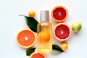 Natural vitamin c serum, skincare, essential oil products. Bottle of vitamin C serum with fresh juicy orange fruit. Beauty product branding mock-up. Ai generated - obrazy, fototapety, plakaty