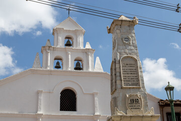 White Christian church in Colombia, a Latin American country, the church has a colonial style....