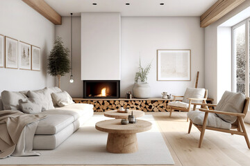 Interior design of scandinavian living room with fireplace and gray sofa. Created with generative AI - obrazy, fototapety, plakaty