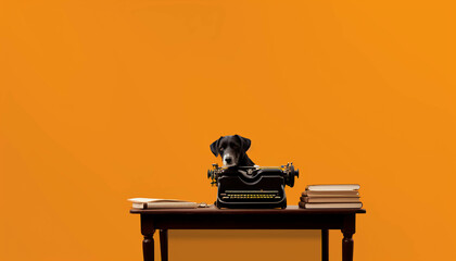 writer dog on orange retro. ai generative - obrazy, fototapety, plakaty