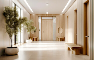 Elegant interior design of modern spacious entrance hall with door and wooden paneling walls. Created with generative AI - obrazy, fototapety, plakaty
