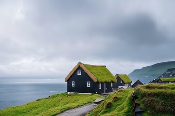 Fototapeta na wymiar Panoramic view into the bay, Faroe Islands Generative AI.