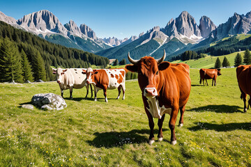 Cow grazing in an alpine meadow, Generative AI