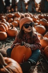 Fototapeta na wymiar A little girl sitting on top of a pile of pumpkins. Generative AI image.