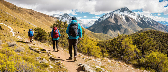 Fototapeta premium Hiking on a beautiful sunny summer day. Scenic panoramic landscape, generative ai.