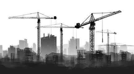 Construction of multi-storey houses with construction cranes, black on a white background. Generative AI