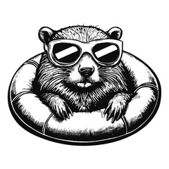 beaver wearing sunglasses in a swimming inflatable ring sketch, summer vacation - obrazy, fototapety, plakaty