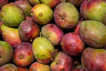 Fruits in Colombia, Latin America. Mangoes, red and green fruits, fresh fruit in a market