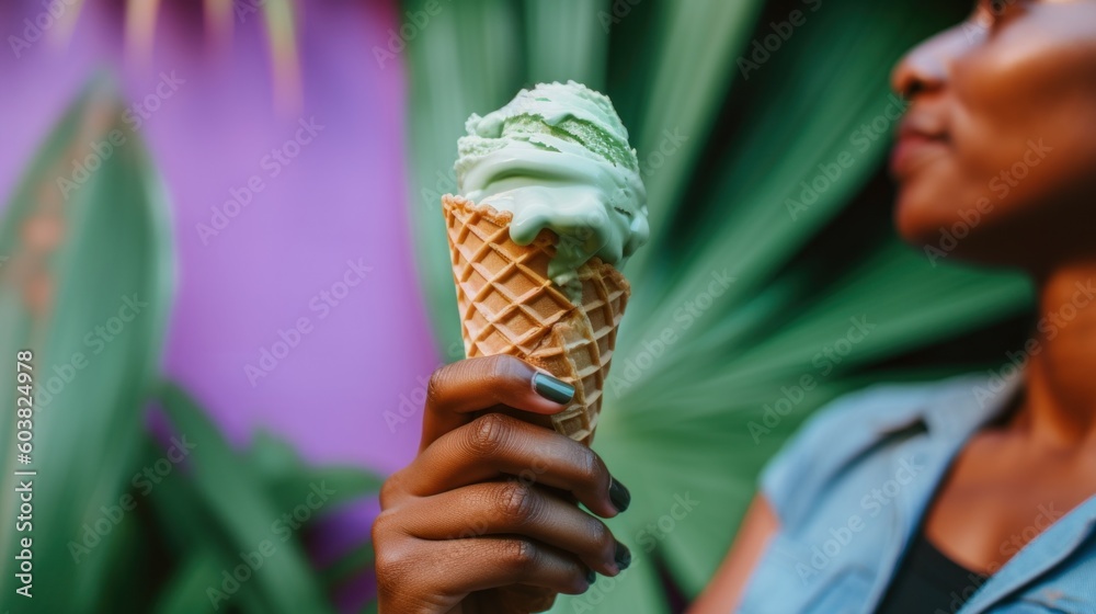 Wall mural A woman holding an ice cream cone in her hand. Generative AI image.