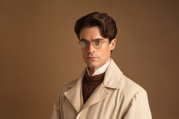 Fototapeta premium portrait of male doctor in 19th century in Victorian era in coat on beige background, created with Generative AI Technology