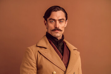 Obraz premium portrait of male doctor in 19th century in Victorian era in coat on beige background, created with Generative AI Technology