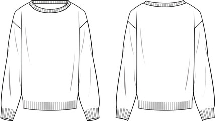 Women's Basic Regular Fit Jumper- Technical fashion illustration. Front and back, white color. Unisex CAD mock-up.