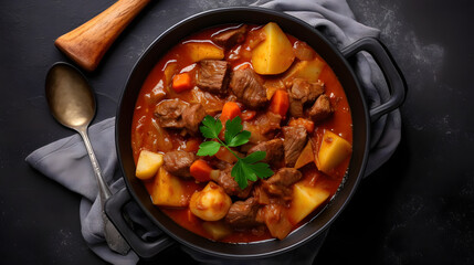 Beef meat stew with potatoes, carrot and delicious gravy in black casserole pot with bay leaves with spoon on black dark rustic concrete background from above.