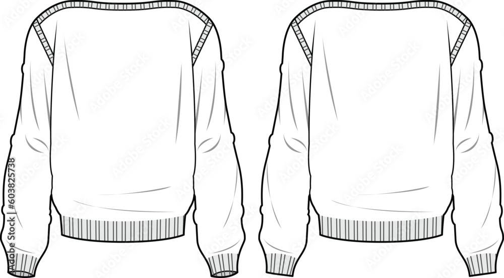 Wall mural Women's Boat Neck Jumper. Technical fashion illustration. Front and back, white color. Women's CAD mock-up.