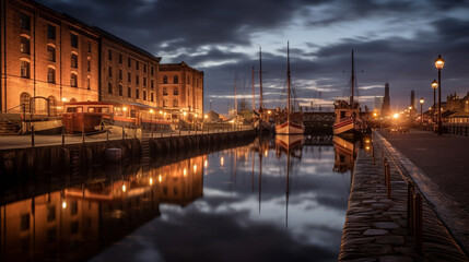 Fototapeta premium sixteeth century sea docks during dusk, moored ships, vivid colours and reflections on the water, Created using generative AI tools.