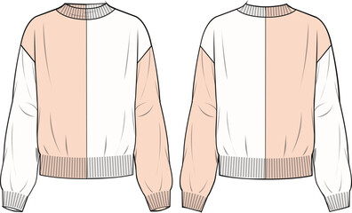 Women's Bicolour Mock Neck Jumper. Technical fashion illustration. Front and back, colored. Women's CAD mock-up. - obrazy, fototapety, plakaty