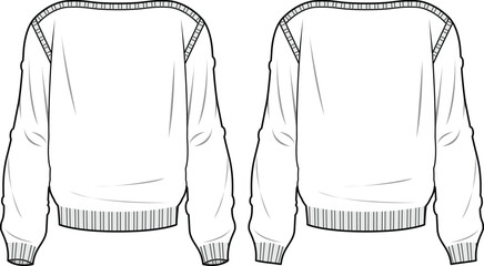 Women's Boat Neck Jumper. Technical fashion illustration. Front and back, white color. Women's CAD mock-up.