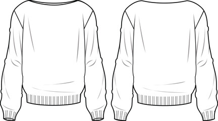 Women's Boat Neck Jumper. Technical fashion illustration. Front and back, white color. Women's CAD mock-up. - obrazy, fototapety, plakaty