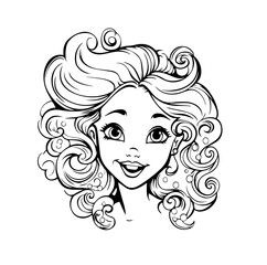 Black and white image of a cartoon girl with curls for coloring. Vector illustration for print