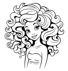 Black and white image of a cartoon girl with curls for coloring. Vector illustration for print