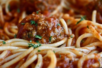 Spaghetti and meatballs close up