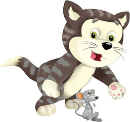 cheerful cartoon scene with happy cat doing something playing isolated illustration for kids