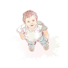 Little boy looking up and smiling. Vector illustration