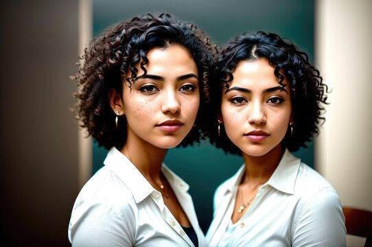 Two Attractive Asian Or Mulatto Female Coworkers With White Blouse Smiling Standing In Foreground, Looking At The Camera During A Business Meeting In Meeting Room. Generative AI