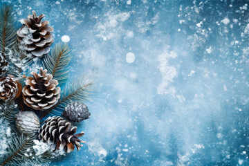Fototapeta na wymiar Christmas blue wood background, Christmas frame, pine cones wooden surface. Generative Ai Illustration. 