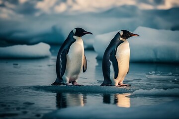 Obraz premium illustration, two penguins in the arctic ocean, ai generative