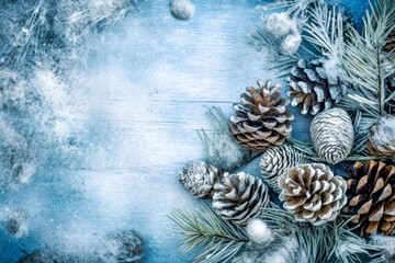 Obraz na płótnie Canvas Christmas blue wood background, Christmas frame, pine cones wooden surface. Generative Ai Illustration. 