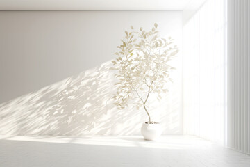 Minimalistic Light White Interior with Blurred Foliage Shadow on a Wall. AI generative. Bright Tones.